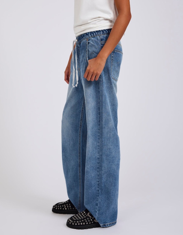 ONE TEASPOON - Roadhouse Mid Waist Wide Leg Drawstring Denim Jean - Hoodlum Blue