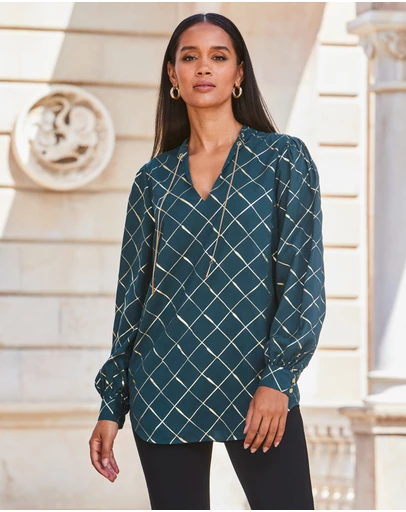 Sosandar - Check Print Chain Lace Up Blouse
