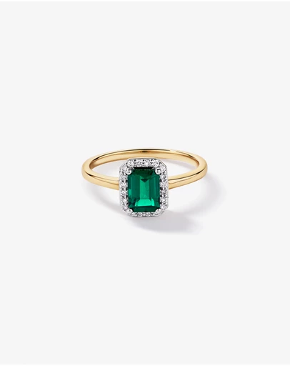 Michael Hill - Created Emerald & 0.10TW Laboratory-Grown Diamond Halo Ring in 10kt Yellow Gold and Rhodium