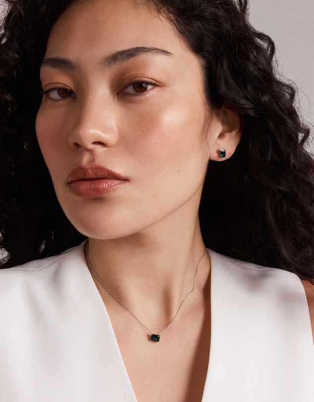 Michael Hill - Emerald Cut Green Created Emerald Gemstone Stud Earrings and Pendant Necklace Set in Sterling Silver