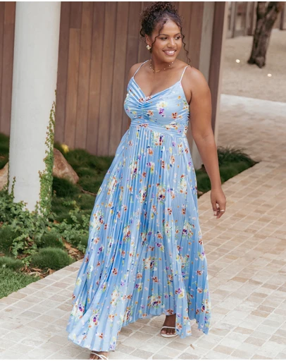 Petal & Pup - Naira Pleated Maxi Dress - Cornflower Blue Floral