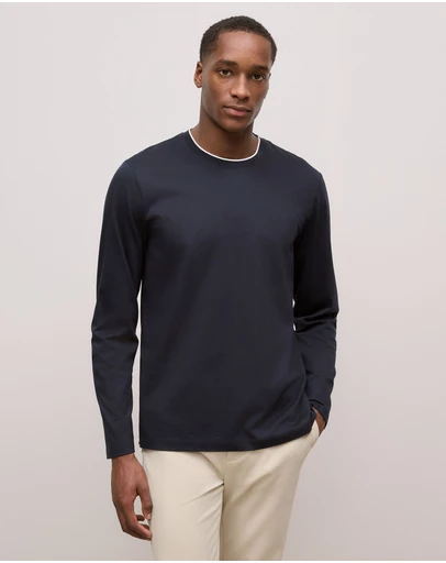 Trenery - Mercerised Cotton Tipped Long Sleeve T-shirt in Navy
