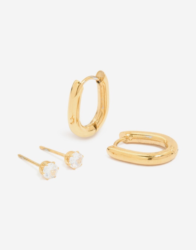 Lovisa - Waterproof Gold Plated Stainless Steel Rectangle Hoop Earrings & Cubic Zirconia Studs 2-Pack