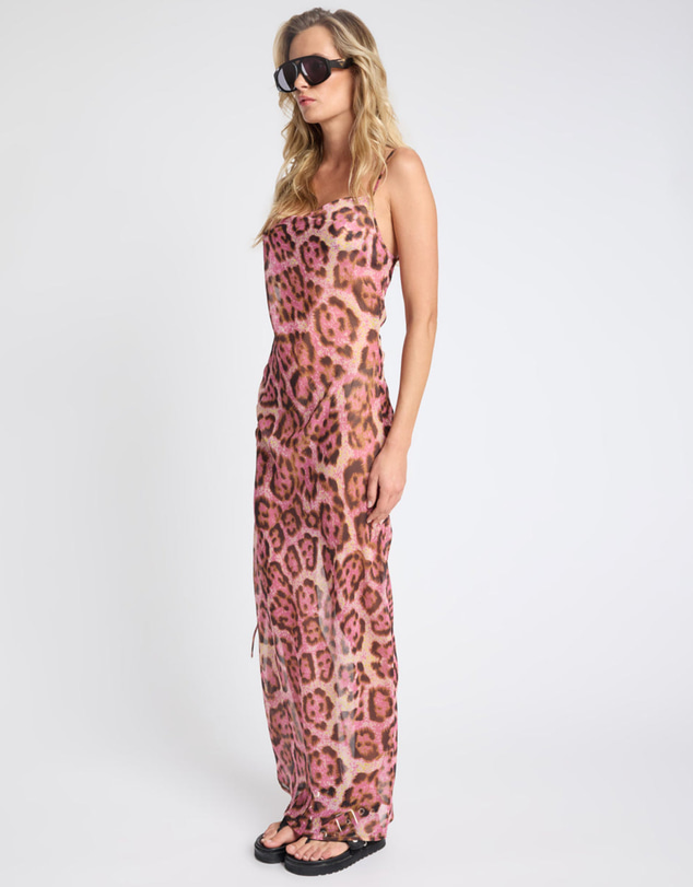 ONE TEASPOON - Rhiannon Ruched Long Slip Maxi Dress - Pink Leopard