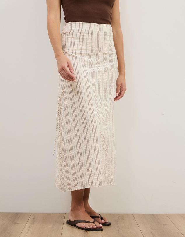 Atmos&Here - Sally Striped Cotton Ruched Side Tie Midi Skirt