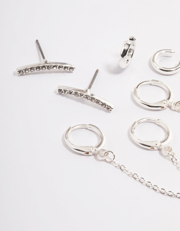 Lovisa - Silver Diamante Huggie Chain Earrings 5-Pack