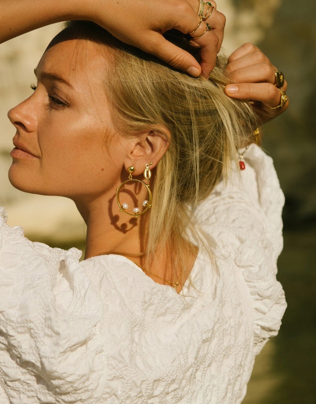 Ottoman Hands - Aristea Pearl and Gold Bead Hoop Earrings