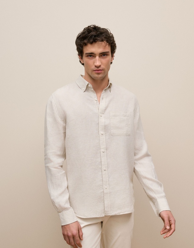 Trenery - Regular Fit Linen Micro Check Long Sleeve Shirt in Stone