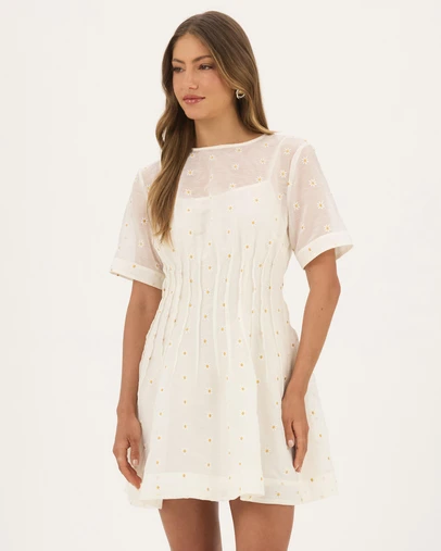 Atmos&Here - Lila Organza Pink Tuck Mini Dress With Puff Sleeves