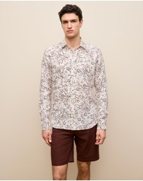 Trenery - Regular Fit Floral Linen Long Sleeve Shirt in White