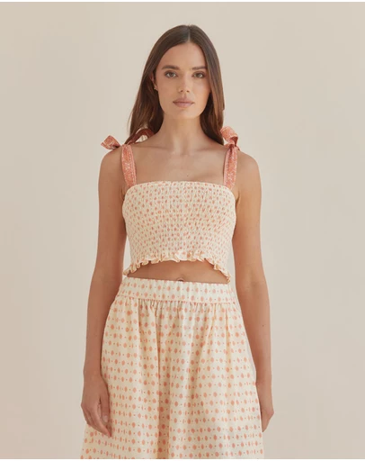 Amelius - Peach Paisley Shirred Crop Top