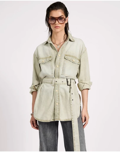 ONE TEASPOON - Belted Longline Denim Shirt - Antique Khaki