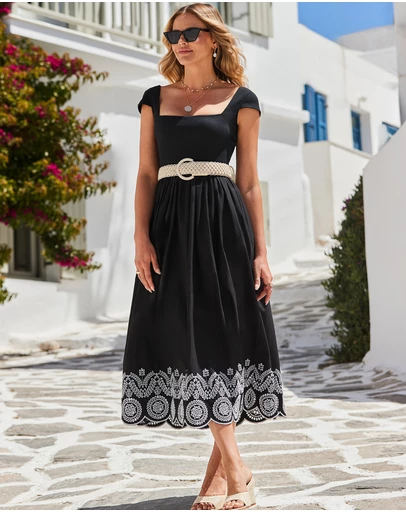 Sosandar - Embroidered Hem Square Neckline Midi Dress