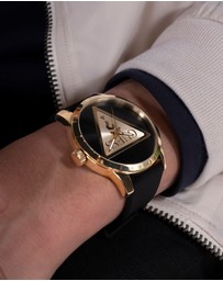 GUESS - Guess Triangle Men's 44mm Black Dial Gold-Tone Case and Black Leather Strap