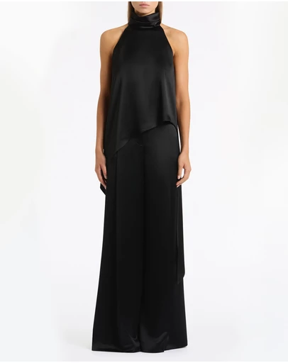 Carla Zampatti - Black Satin Acetate Draped Asymmetric Top