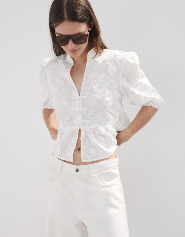 M.N.G - Embroidered Puff-Sleeve Blouse