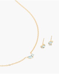 Lovisa - Waterproof Gold Plated Stainless Steel March Blue Cubic Zirconia Birthstone Necklace & Earrings Set