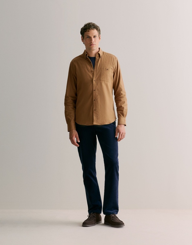 Trenery - Regular Fit Cotton Herringbone Shirt in Camel