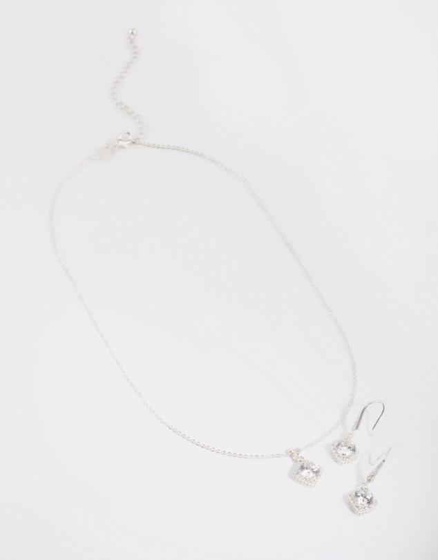 Lovisa - Silver Square Cut Cubic Zirconia Necklace & Earrings Set