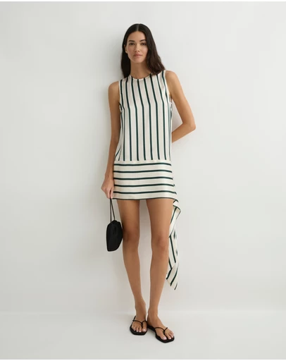 BONDI BORN - Cannes Sash Hem Mini Dress - Forest Stripe