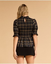 MVN - Plaid Shirring Short Sleeve Top