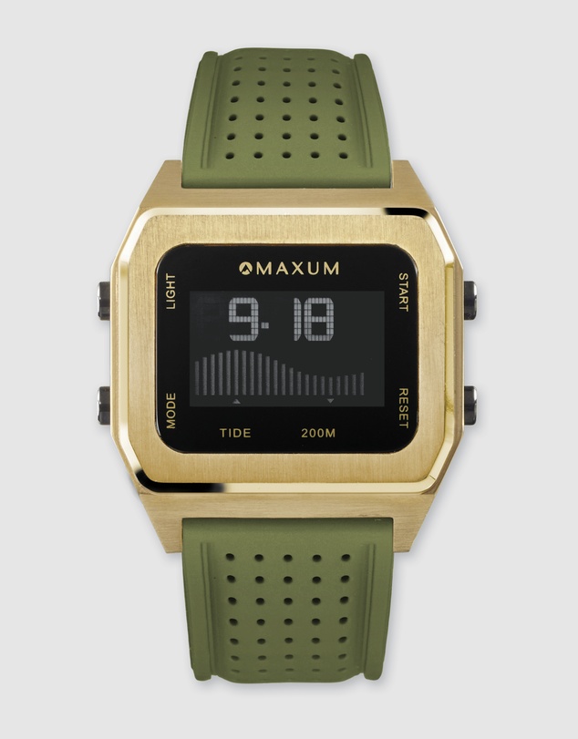 Maxum - Raglan Tide Watch – Gold Case, Black Dial & Green Silicone Strap