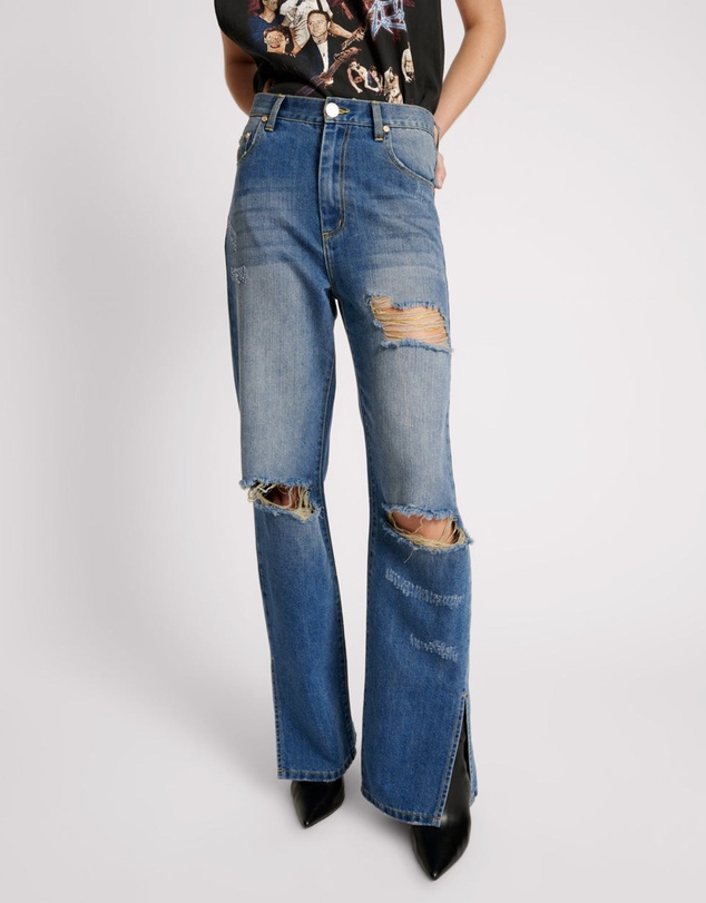 ONE TEASPOON - Shredded Gold Billie Low Slung Straight Leg Mid Waist Denim Jeans