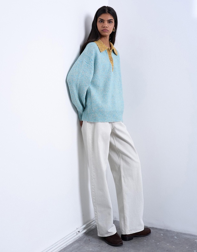 TOPSHOP - Knitted Oversized Twist Yarn Contrast Collar Polo