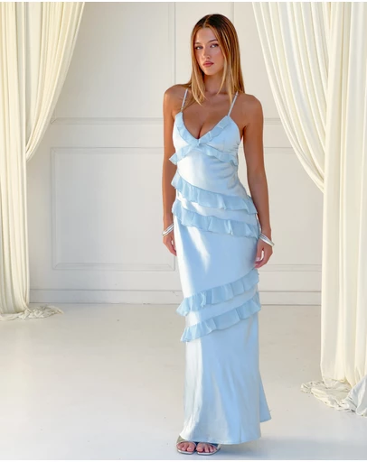 Beginning Boutique - Inara Blue Ruffle Maxi Dress