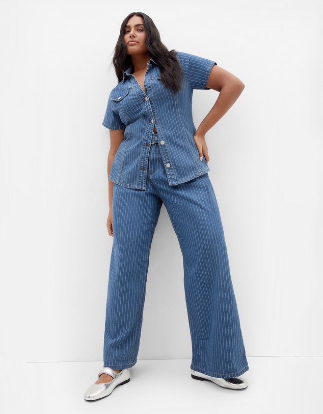 City Chic - Plus size Pinstripe Short Sleeve Denim Shirt - blue wash