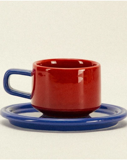 Dennis Did It - Spill the Tea Cup and Saucer Red and Blue