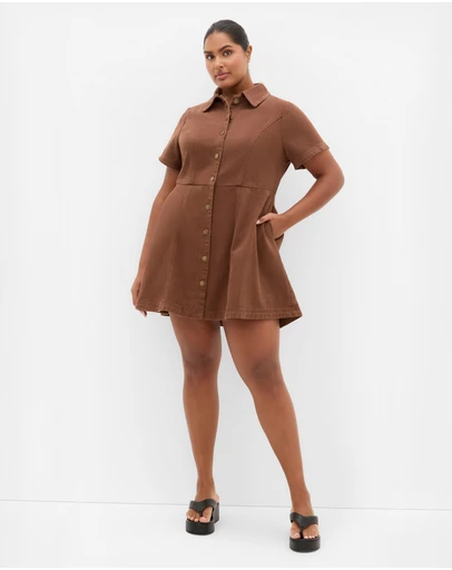City Chic - Plus sizeLeia Short Sleeve Drill Mini Dress - chocolate