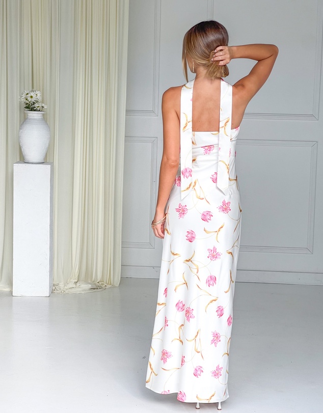 Beginning Boutique - Icelynn Cream Floral Print Strapless Satin Maxi Dress