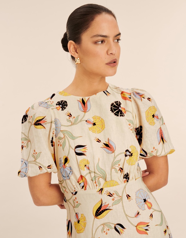AERE - Linen Puff Sleeve Midi Dress