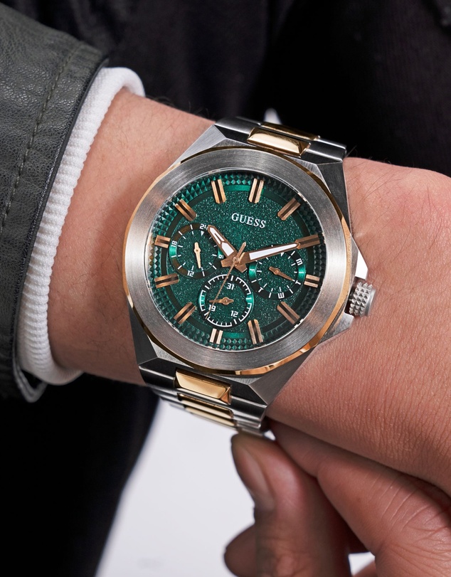 GUESS - Two-Tone Silver and Gold-Tone 46mm Green Dial Men's Watch