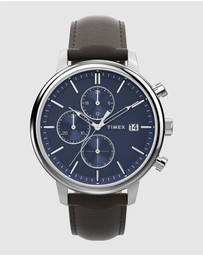 TIMEX - Chicago Chrono 45mm Silver Tone Blue Dial Brown Leather Strap