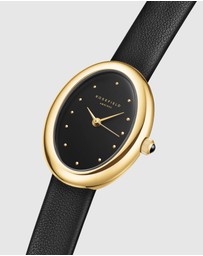 Rosefield - Ovale Black Matte Gold-Tone Black Leather Watch