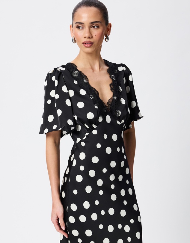 Tussah - Camille Flutter Sleeve Lace Trim Polka Dot Maxi Dress