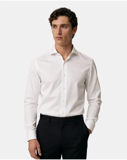 Henry Bucks - HENRY SARTORIAL Slim Plain Twill Shirt Double Cuff WHITE