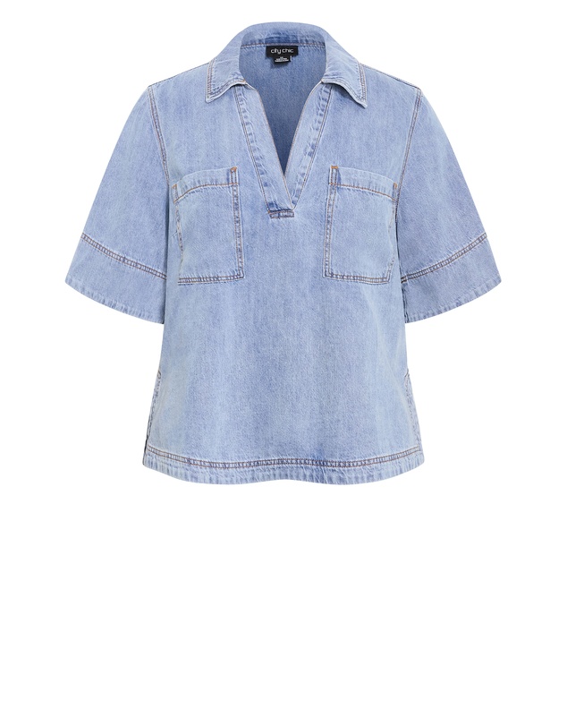 City Chic - Plus size Tiana Pocket Cotton Denim Top - ice wash