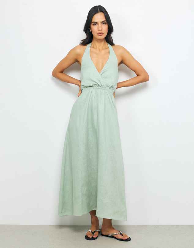 AERE - Bria Wrap Halter Linen Maxi Dress