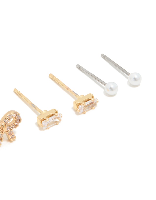 Lovisa - Waterproof Gold Plated Stainless Steel Cubic Zirconia & Pearl Stud Earrings 4-Pack