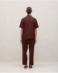 Trenery - Cotton Geo Cutwork Short Sleeve Shirt in Espresso