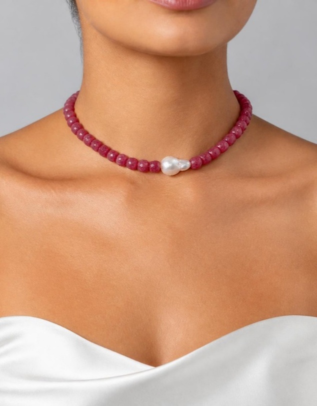 Izoa - Marguerite Baroque Pearl Gemstone Necklace Raspberry Pink