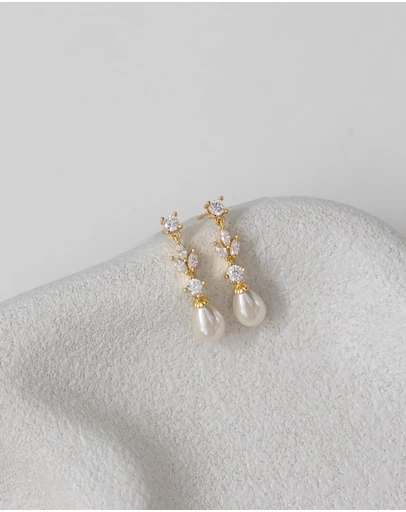 The White Collection - Hazel - Gold Pearl Bridal Drop Earrings