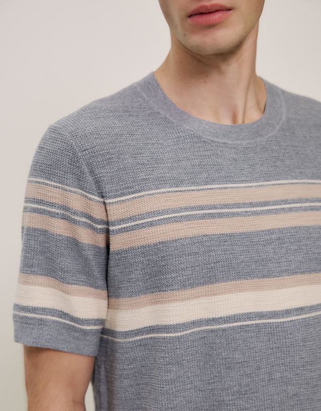 Trenery - Cotton Linen Stripe Knit T-shirt in Grey Melange
