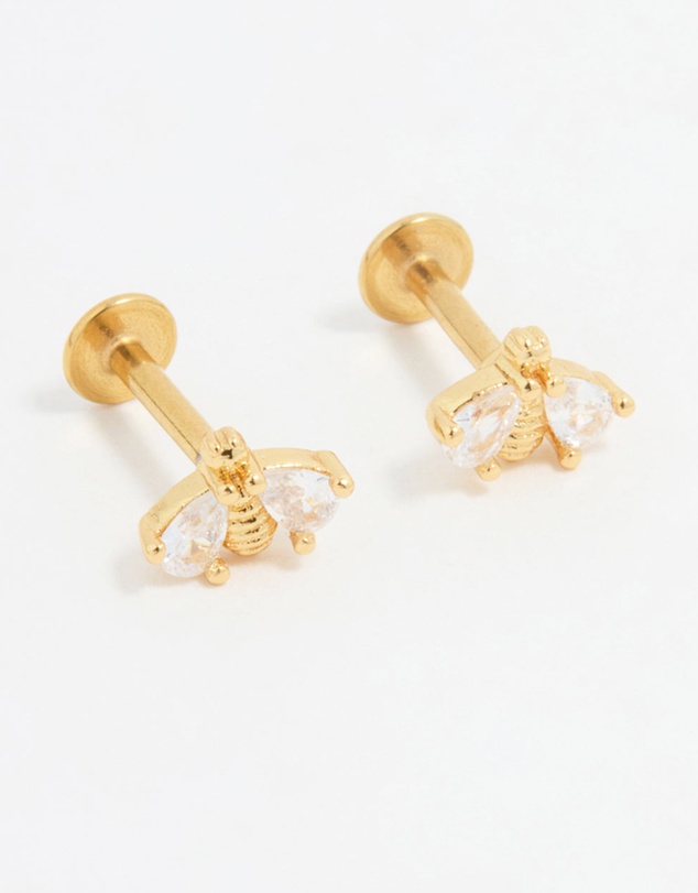 Lovisa - Gold Plated Surgical Steel Double Bee Cubic Zirconia Flat Back Studs