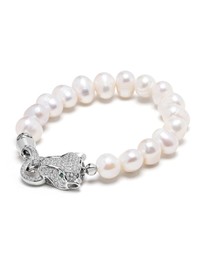 Nialaya Jewellery - Women's Pearl Bracelet with Silver Panther Head