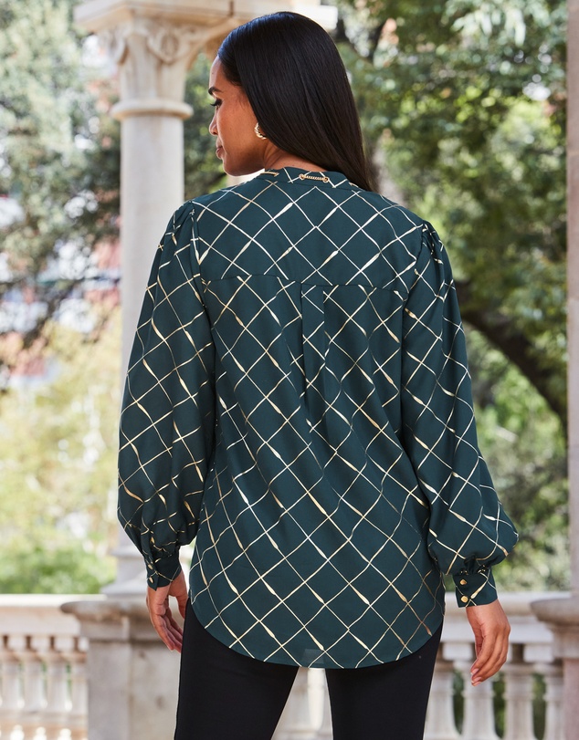 Sosandar - Check Print Chain Lace Up Blouse