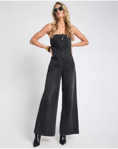 ONE TEASPOON - Dark Angel Strapless Wide Leg Denim Jumpsuit - Smokey Black